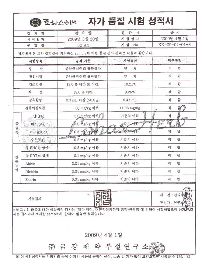 곽향 시험성적서