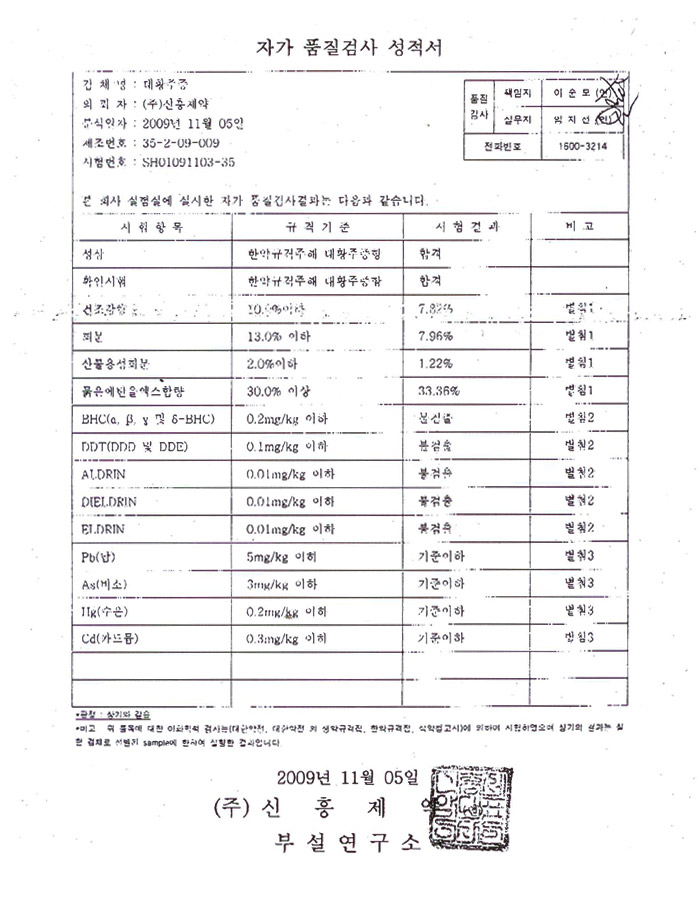 대황 시험성적서