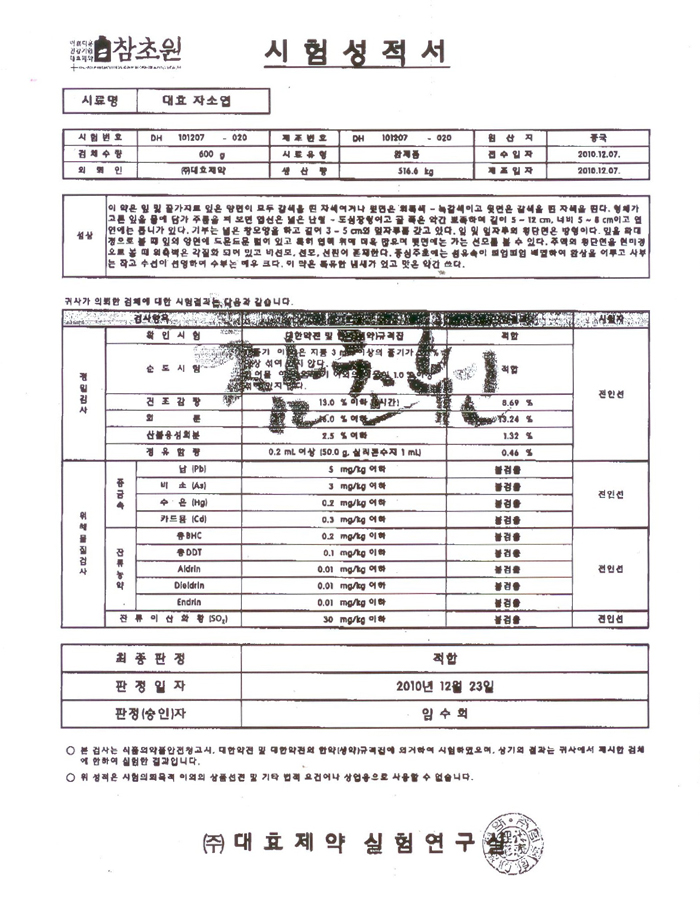 소엽(자소엽) 시험성적서